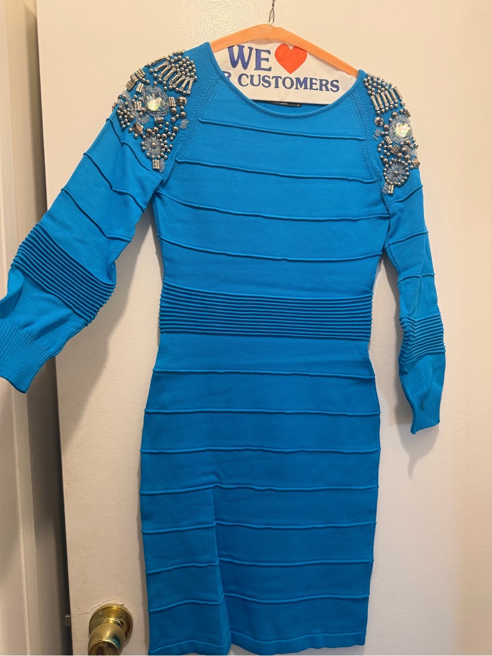 Blue Embellished Shoulder Bodycon Dress